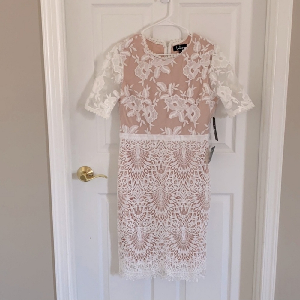Nude lace midi dress with sleeves